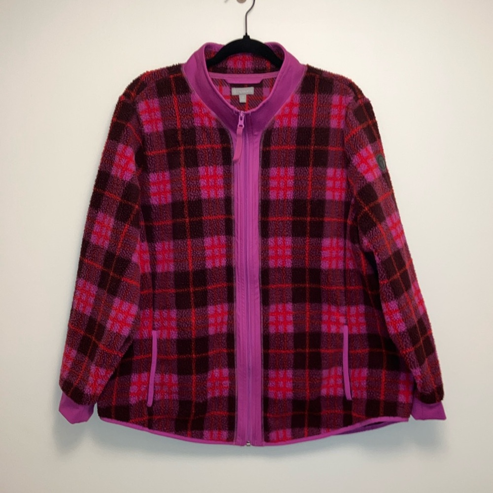 T by Talbots Pink Plaid Sherpa Fleece Zip Up Jacket